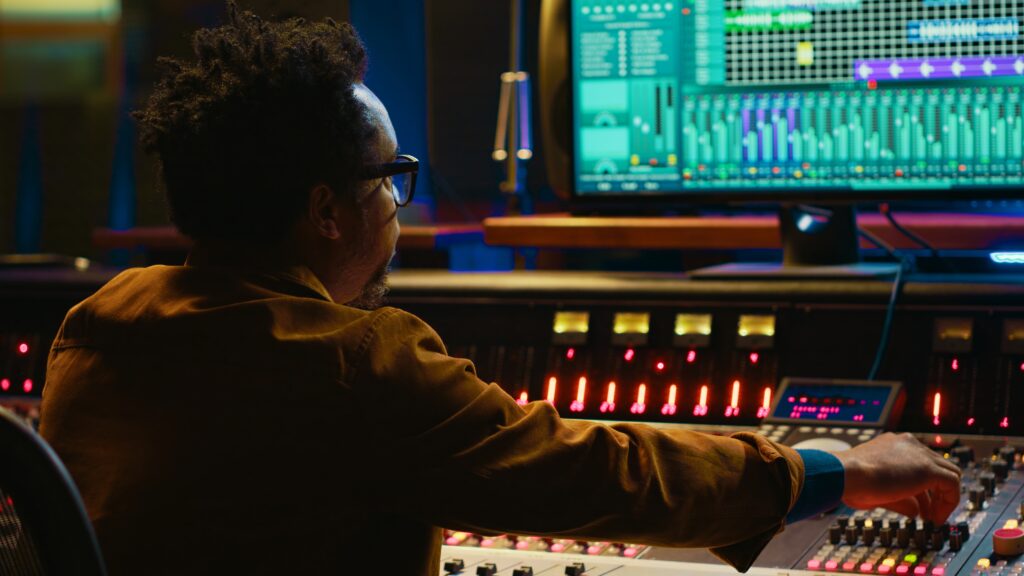 African american producer working at mixing panel in recording studio